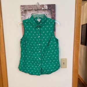 J Crew Green Floral Sleeveless Button down top